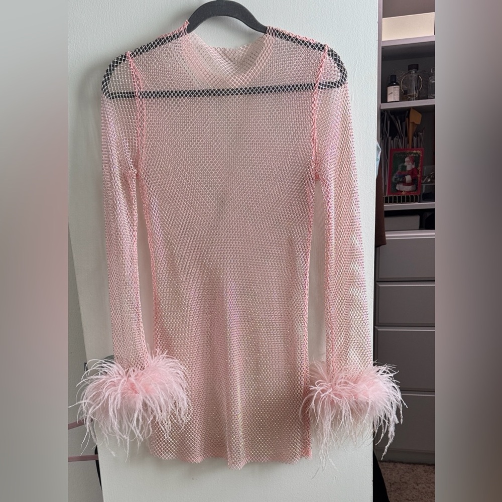 Pink Mesh Long Sleeve Top with Feather Cuffs